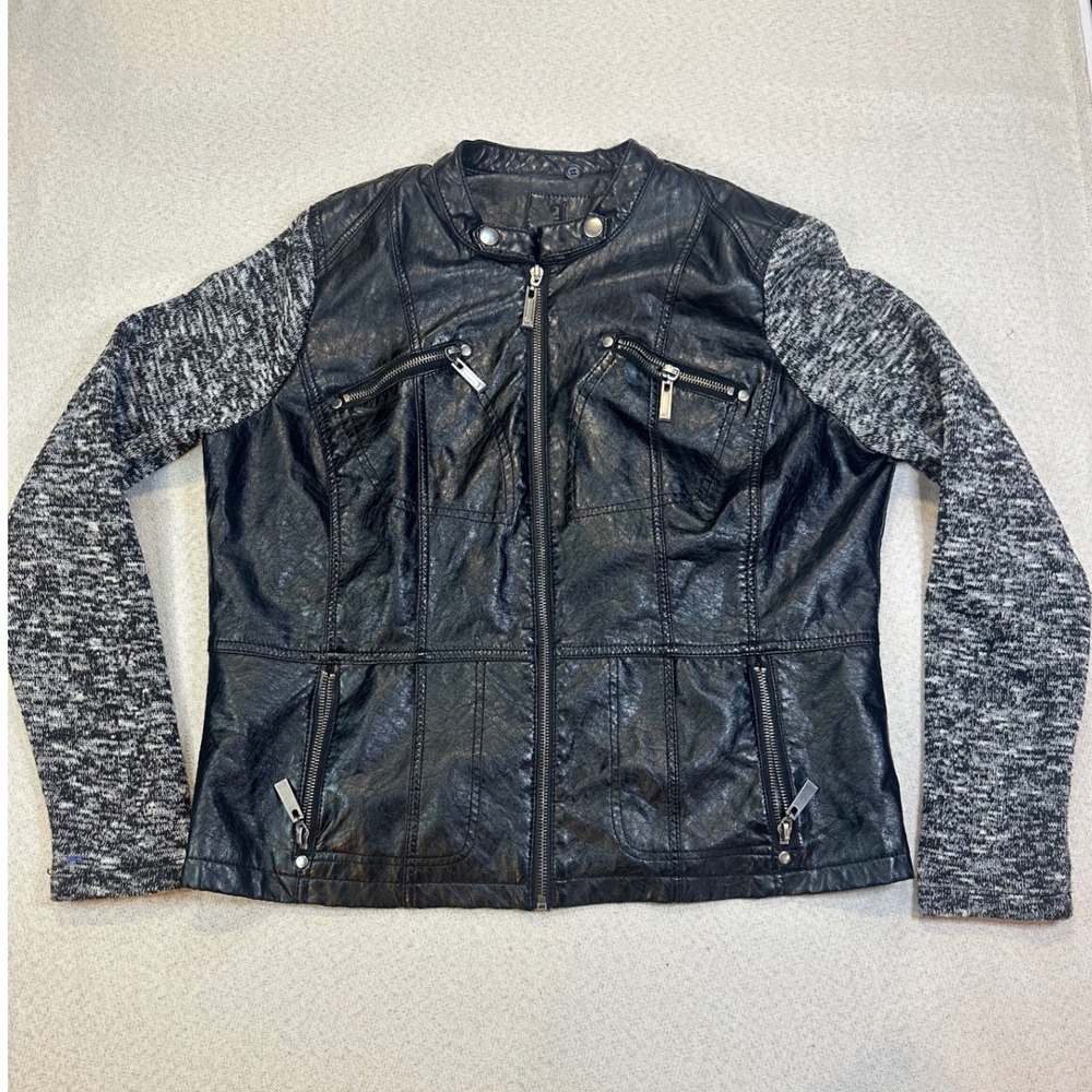 J2 Faux Leather Moto Jacket Womens XL Black Knit Sleeve Zip Biker Trendy Chic